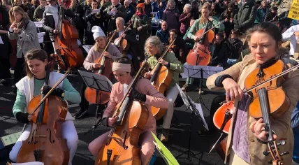 Musicians play during the Extinction Rebellion demonstration in The Hague; March 11, 2023..