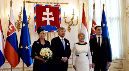 Queen Maxima and King Willem-Alexander with Slovak president Zuzana Čaputová and her partner Juraj Rizman at the presidential palace in Bratislava, 7 March 2023