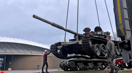 Damaged Russian tank and Ukrainian ambulance placed at the Freedom Museum in Goesbeek as a protest exhibition against the war in Ukraine, 17 March 2023