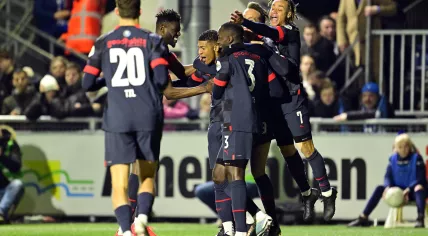 Ibrahim Sangare of PSV Eindhoven, Patrick van Aanholt of PSV Eindhoven, Jordan Teze of PSV Eindhoven, Luuk de Jong of PSV Eindhoven, Xavi Simons of PSV Eindhoven celebrate the 0-2 during the Semi-Final of the KNVB beker between SV Spakenburg (am) and PSV on Sportpark De Westmaat on 4 april 2023 in Spakenburg, Netherlands. 