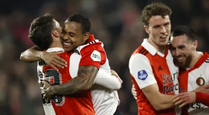 Santiago Gimenez of Feyenoord, Igor Paixao of Feyenoord, Mats Wieffer of Feyenoord, Orkun Kokcu of Feyenoord celebrate the 4-0 during the Dutch eredivisie match between Feyenoord and RKC Waalwijk in Feyenoord Stadium de Kuip on 9 april 2023 in Rotterdam, Netherlands.