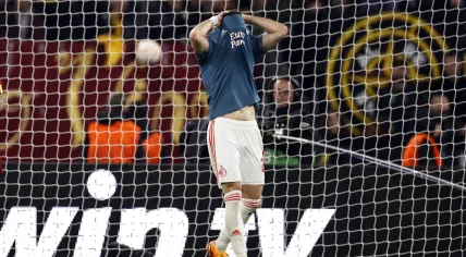 Santiago Gimenez of Feyenoord disappointed during the UEFA Europa League quarter-final match between AS Roma and Feyenoord in Stadio Olimpico Rome on 20 april 2023 in Rome, Italy.