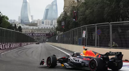 Red Bull driver Max Verstappen of the Netherlands steers his car during the Formula One Grand Prix at the Baku circuit in Baku, Azerbaijan, Sunday, April 30, 2023.