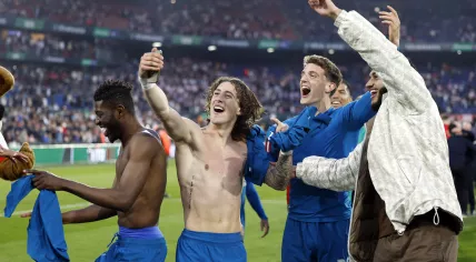 Ibrahim Sangare of PSV Eindhoven, Fabio Silva of PSV Eindhoven, Guus Til of PSV Eindhoven celebrate the victory after the TOTO KNVB Beker final between PSV and Ajax in Feyenoord Stadium de Kuip on 30 april 2023 in Rotterdam, Netherlands
