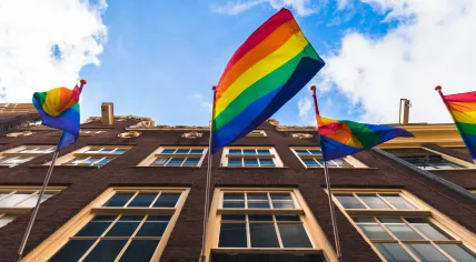Rainbow flags hanging from windows in Amsterdam