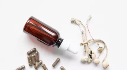 A dropper bottle meant for psychedelic microdosing, along side psilocybin mushrooms and capsules of dry psilocybe cubensis