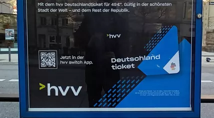 Add for Deutschlandticket at a bus station in Hamburg, Germany. 6 April 2023