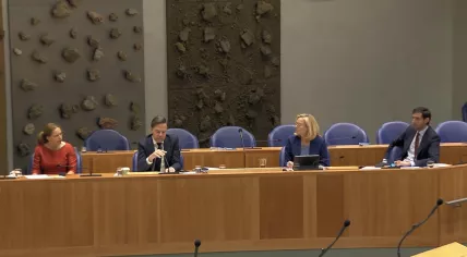 Prime Minister Mark Rutte (VVD) and his deputies, left to right, Carola Schouten (CU), Sigrid Kaag (D66), and Wopke Hoekstra (CDA) during a parliamentary debate on the provincial election results, 5 April 2023