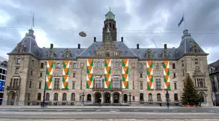 Artist rendering of Rotterdam City Hall decorated for King's Day 2023