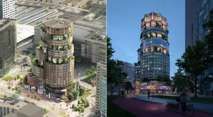 Artist's renderings of Oopen, a proposed 105-meter tower planned for construction on Jaarbeursplein from 2025-2028