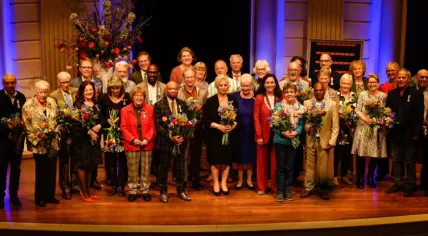 Mayor Femke Halsema with the Amsterdam residents warded in the annual "lintjesregen" the day before King's Day, 26 April 2023