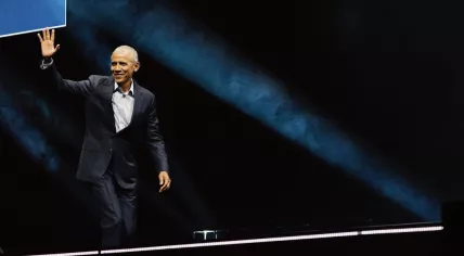 Barack Obama speaking at the Ziggo Dome in Amsterdam. 1 May 2023