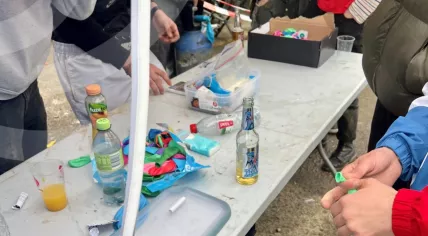 Authorities found a stand selling balloons allegedly filled with laughing gas when investigating an illegal rave that drew over 5,000 people to an old airport in Brustem, Sint-Truiden, Belgium. 30 April 2023