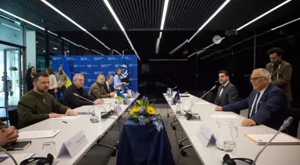 Ukrainian President Volodymyr Zelenskyy during a meeting with ICC President Piotr Hofmanski at the International Criminal Court in The Hague. 4 May 2023