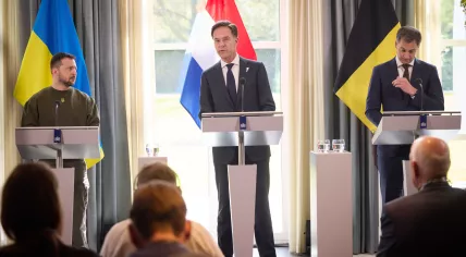 Ukrainian President Volodymyr Zelenskyy, Dutch Prime Minister Mark Rutte and Belgian Prime Minister Alexander De Croo during a meeting at Catshuis in The Hague. 4 May 2023