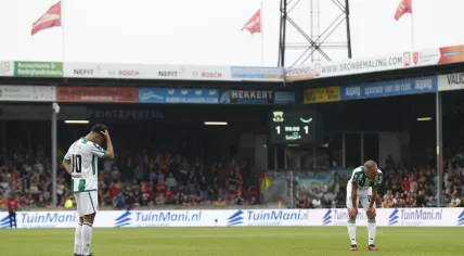 Daleho Irandust of FC Groningen, Florian Kruger of FC Groningen during the Dutch eredivisie match between Go Ahead Eagles and FC Groningen