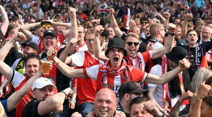 Feyenoord supporters celebrate the 2-0 during the Dutch eredivisie match between Feyenoord and Go Ahead Eagles in Feyenoord Stadium de Kuip on 14 May 2023 in Rotterdam, Netherlands. 