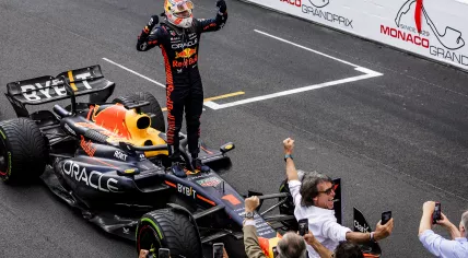 Max Verstappen (Red Bull Racing) celebrating on his car after winning the Grand Prix of Monaco