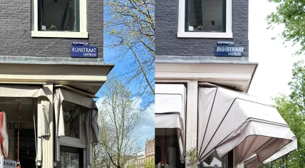 Street signs altered from the Runstraat to Rijstraat in protest of the long lines tourists join to buy food based on viral videos. May 2023