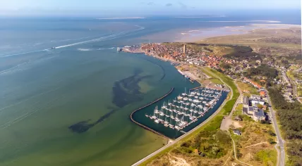 Aerial drone image of Terschelling and the Wadden sea on a summer day