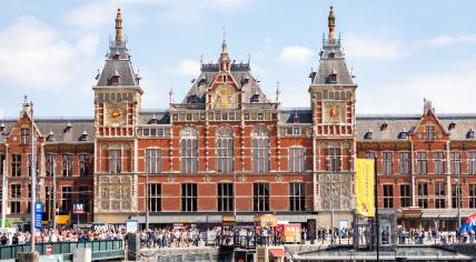 The exterior of Amsterdam Central Station in March 2023