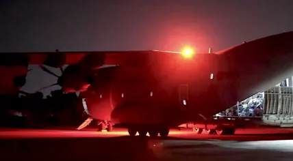 The UK Royal Air Force's evacuation flight to Cyprus from Wadi Seidna airbase north of Khartoum, Sudan. 29 April 2023