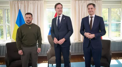 Ukrainian President Volodymyr Zelenskyy, Dutch Prime Minister Mark Rutte and Belgian Prime Minister Alexander De Croo during a meeting at Catshuis in The Hague. 4 May 2023