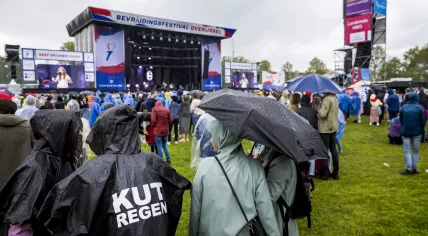 Crowds gathered in the rain for a Liberation Day concert in Zwolle as part of Bevrijdingsfestival Overijssel. 5 May 2023