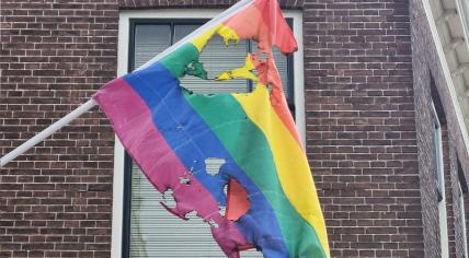 Rainbow flag vandalized at DWH in Delft, 7 May 2023