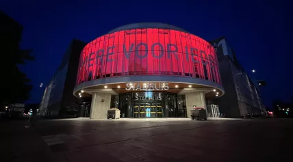 Almere city hall lit up in red to celebrate Almere City FC's promotion to the Eredivisie, 11 June 2023