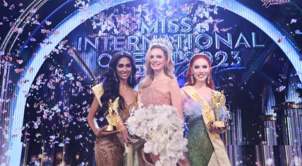 Miss International Queen 2023 Solange Dekker with runners-up Qatrisha Zairya Kamsir and Melony Munro, 25 June 2023