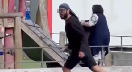 Abalmasih H., suspected of stabbing four children and two adults at a playground in Annecy, France, seen in a video during the incident. 8 June 2023