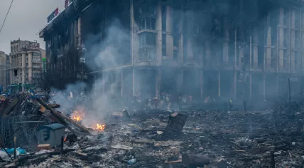 Burned building at the Maidan in Kyiv, Ukraine
