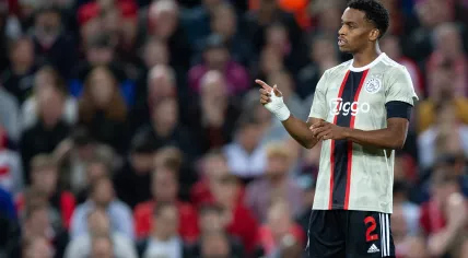 Jurrien Timber of Ajax gives his team instructions during the UEFA Champions League match Liverpool vs Ajax at Anfield, Liverpool, United Kingdom, 13 September 2022
