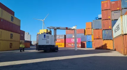 An inspection vehicle from the Dutch customs office used to scan sea containers at the IJssel Delta Terminal in Kampen. October 2022