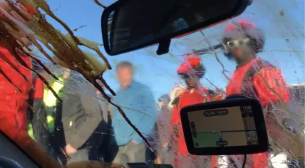 A photo taken by Zwarte Piet protestors from inside a car that was attacked by counter-protestors, including some in blackface, who attempted to stop the scheduled protest at the Sinterklaas arrival in Staphorst. 19 November 2022