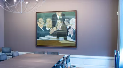 Painting of Leiden University's executive board in the 1970s by Rein Dool