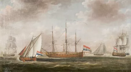 Painting of a slave ship of the Middelburg Commercial Company, at the roadstead of Vlissingen, made by Engel Hoogerheyden in 1779.