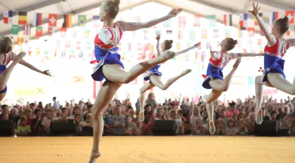 World Gymnaestrada 2019 in Wolfurt, Group from Finnland performs.