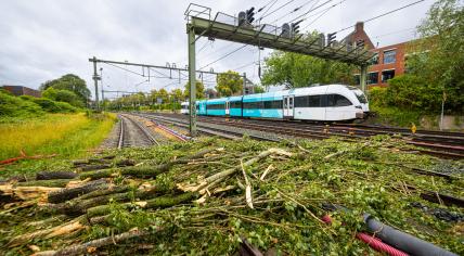 Branches and debris cleared from the railroad tracks after Storm Poly as the Arriva shuttle from Groningen to Veendam starts back up. 5 July 2023