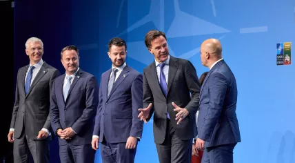 During a photo shoot at the NATO Summit in Vilnius, Latvian leader Krišjānis Kariņš joins his counterparts, Xavier Bettel of Luxembourg, Jakov Milatović from Montenegro, Dutch PM Mark Rutte, and Dimitar Kovachevski of North Macedonia. 11 July 2023