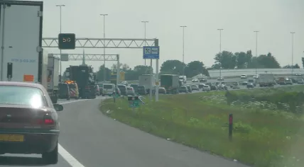Traffic jam on A4 highway near Rijpwetering, the Netherlands