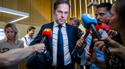 Mark Rutte (VVD) speaking to the press after announcing his intention to leave politics once a new Cabinet is installed, 10 July 2023