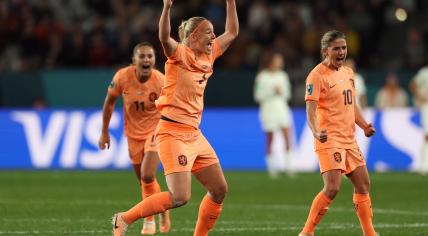 Stefanie van der Gragt (C) of the Netherlands celebrates after scoring the 1-0 opening goal during the FIFA Women's World Cup group E soccer match between the Netherlands and Portugal, in Dunedin, New Zealand, 23 July 2023. 