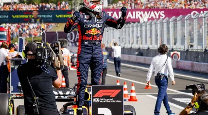 Max Verstappen (Red Bull Racing) celebrates after winning the Hungarian Grand Prix at the Hungaroring.
