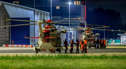 Two Coast Guard rescue helicopters involved in the rescue mission on the Fremantle Highway at the Rotterdam The Hague Airport, 26 July 2023