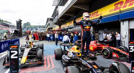 Max Verstappen celebrates his victory during the Belgian Grand Prix at the Circuit de Spa-Francorchamps.