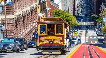 A streetcar passes Sabin Place on California Street in San Francisco. March 29, 2020