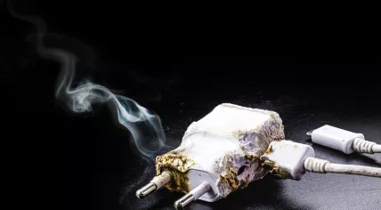 A faulty, smoldering USB charger