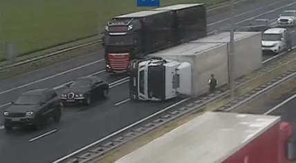 An overturned truck during Storm Poly located in the southbound lanes of the A9 near Alkmaar. 5 July 2023